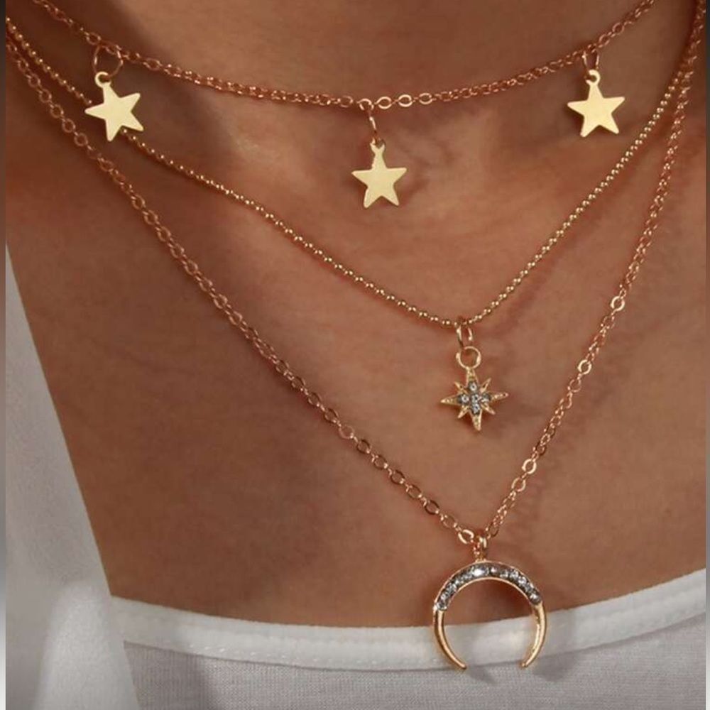 Celestial Gold Layered Necklace with Star and Moon Charms R178
